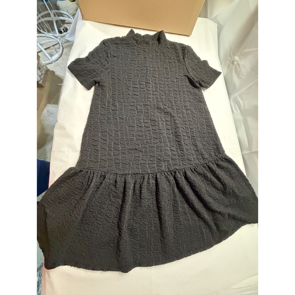 Zara Black Textured Seersucker Mock Neck Drop Waist Ruffle Mini Dress Womens‎ M